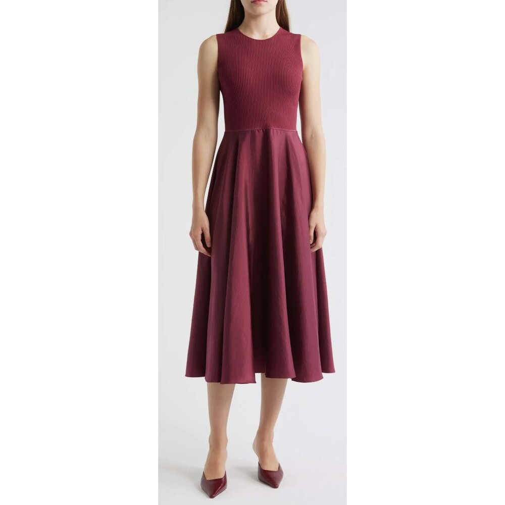 NWT Theory Burgundy Ribbed Knit Sleeveless Full Skirt Midi Dress Sz S